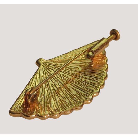 Vintage Damascene Brooch Small Gold Tone Black Enamel Fan Bird Floral Design - Picture 2 of 16